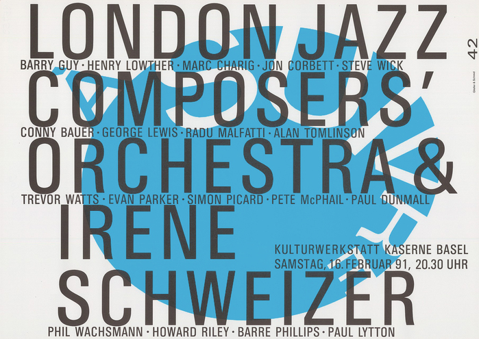 Gfeller &amp; Schmid, 1991, London Jazz Composers’ Orchestra &amp; Irène Schweizer – Kulturwerkstatt Kaserne Basel (à suivre 42), Offset, 42×59.4 cm