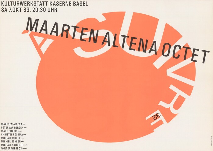 Gfeller &amp; Schmid, 1989, Maarten Altena Octet – Kulturwerkstatt Kaserne Basel (à suivre 32), Offset, 42×59.4 cm