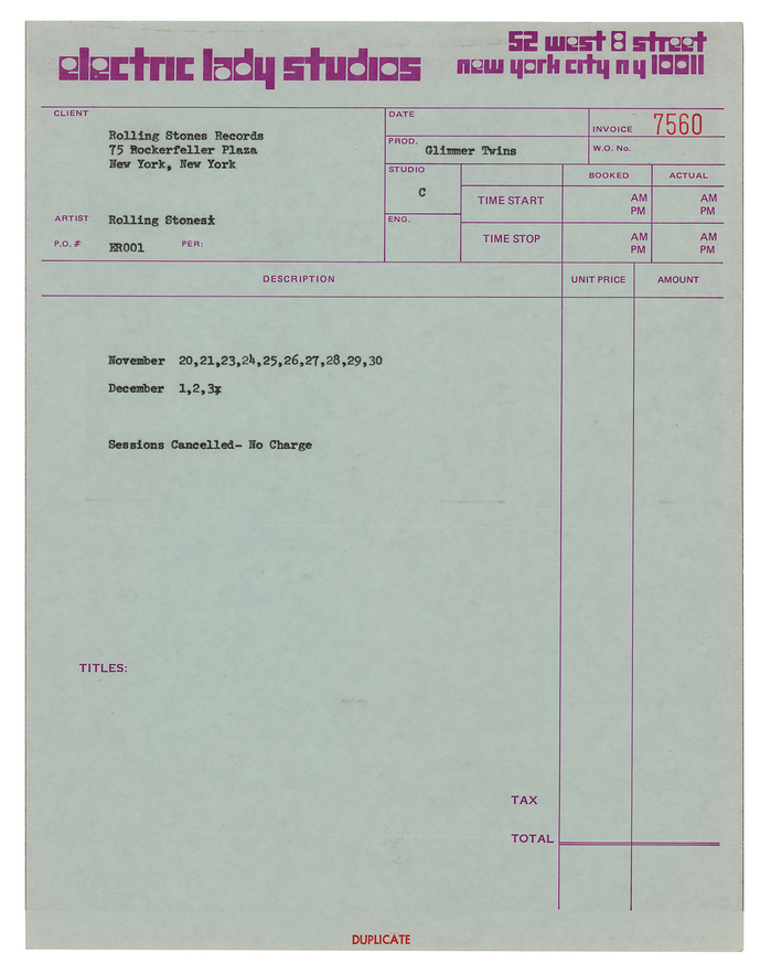 Rolling Stones’ recording session bill with logo, Dec 14, 1979