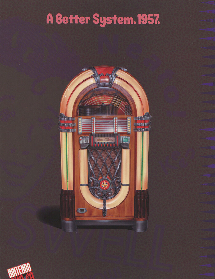 The “Better System” from 1957 shows a jukebox. The bold informal sans is unidentified [edit: it’s the upright style of , see comments]. The word swell in the background appears to be in .