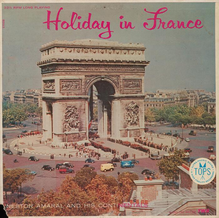 Holiday in France depicts a ceremonial act at the Arc de Triomphe in Paris. The title is set in . “Nestor Amaral and His Continentals” is again added in  Light.

[More info on Discogs]