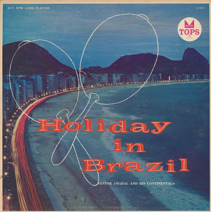 Holiday in Brazil has a long-exposure photo showing the traffic at Rio’s Copacabana, with a line drawing of two maracas on top. The letterforms of  were arranged on a bouncing baseline and embellished with a thin hand-drawn inline. The credit line uses bold  caps. From the back cover:



For Brazil’s 400 anniversary in 1954, Nestor and Mrs. Amaral visited his homeland. He was accorded a national hero's welcome, with front page stories in the Rio newspapers. The Amarals remained eight months in Brazil where Nestor played many engagements on radio and television. “As far as vacationing is concerned,” says Amaral, “I don’t think it’s mere sentiment to inform newcomers that if they spend holiday in Brazil, they just MIGHT stay for good.”



[More info on Discogs]