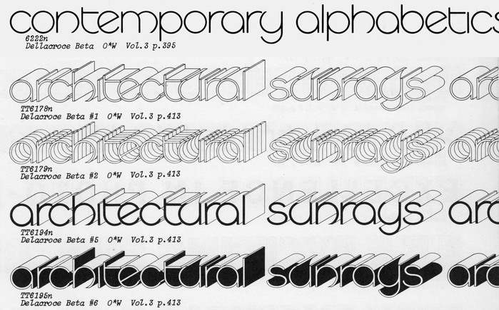 Dellacroce Beta plus four of the shaded variants (#1, #2, #5 and #6) as shown in the One Line Manual of Styles, 1971. ’s family name is accidentally spelled with one l in four of the captions.