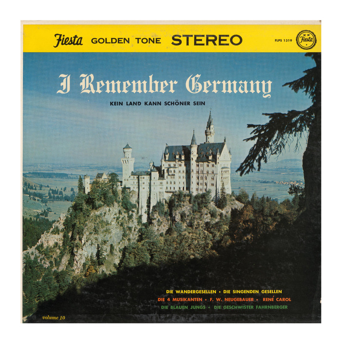 Vol. 10 returns to blackletter. Again, it’s not a German design, but another creation by , . The bold sans-serif caps are from  or . “Golden Tone Stereo” uses . The fairytale castle is Neuschwanstein. [More info on Discogs]