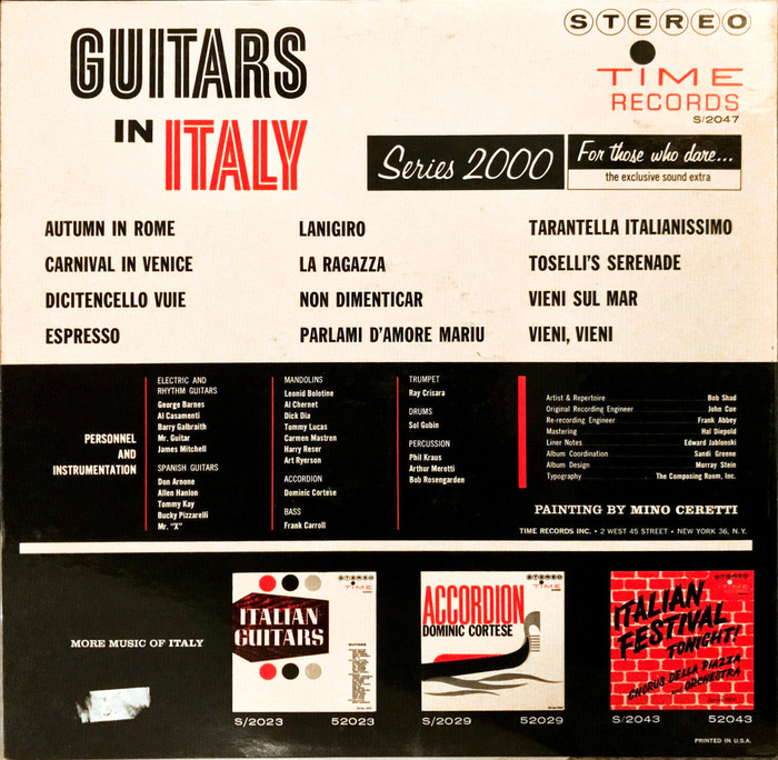 The back cover typography has  for “Series 2000”, all-caps  Extra Condensed for the track list,  in two widths for credits and address, and .
