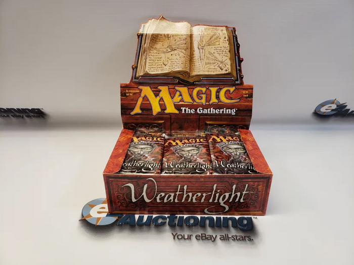 Magic: The Gathering card pack box for the Weatherlight set – view once opened an on display