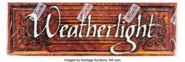 Magic: The Gathering card pack box for the Weatherlight set – view of logo on side of box