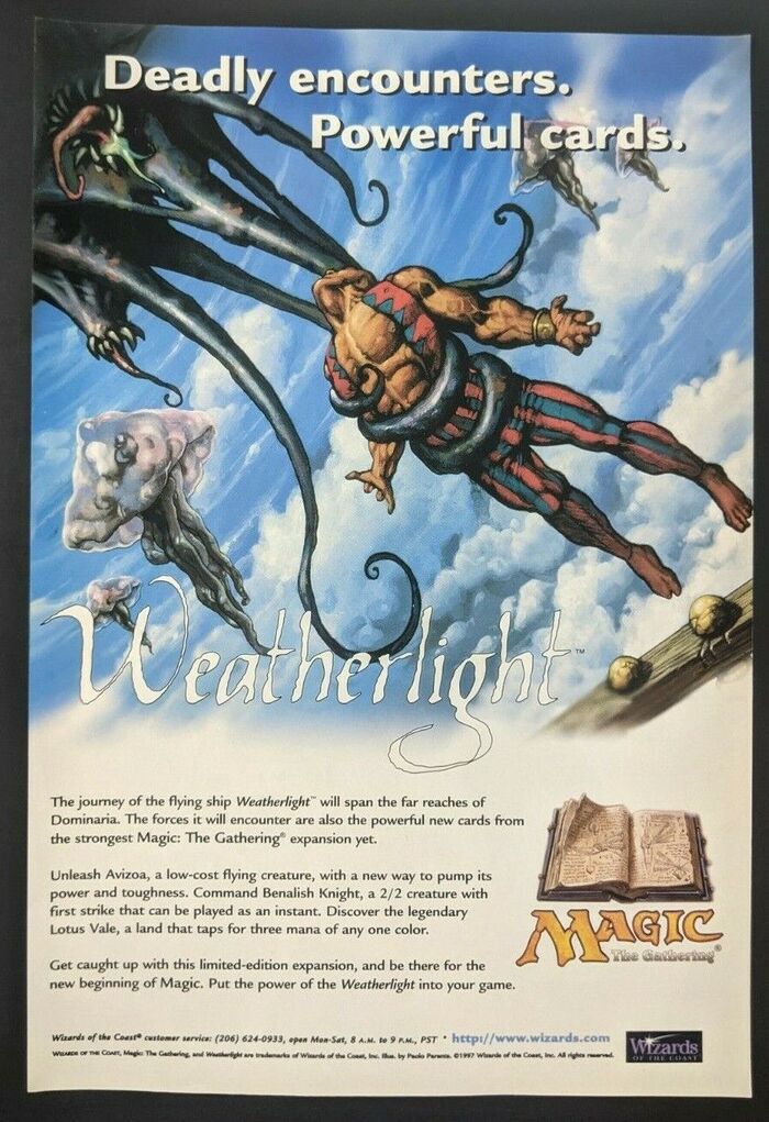 Weatherlight magazine print ad from 1997, with ITC Legacy Sans in use for the slogan and body text, Liefendre in use for the logo.