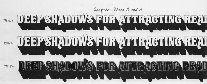 Gonzales Flair B and A as shown in Photo-Lettering’s Alphabet Thesaurus, vol. 3 from 1971. The first line shows style B with extended proportions, as indicated by the letter e behind the catalog number.
