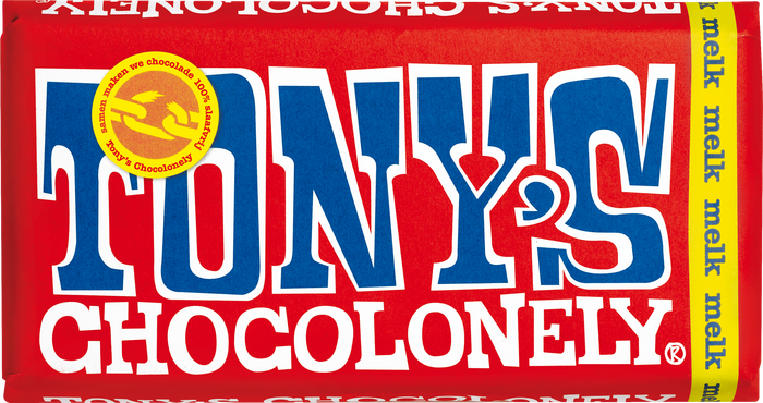 Front of the wrapper for Tony’s Chocolonely milk chocolate (Dutch version)