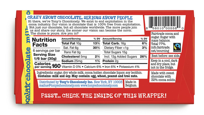 Back of the wrapper for Tony’s Chocolonely milk chocolate (American version), with nutritional facts in 
