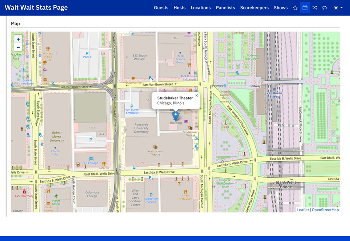 Wait Wait Stats Page: Location map with a pin dropped for the Studebaker Theater in Chicago, Illinois