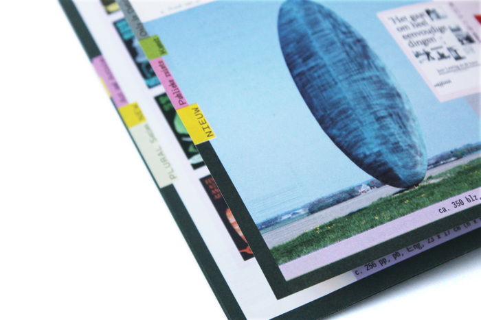 Rotated keywords printed along the edges of the brochure interior