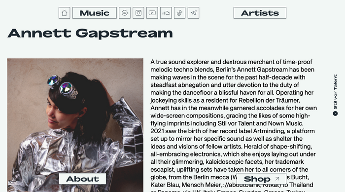 Website detail with artist bio. The text typeface is .
