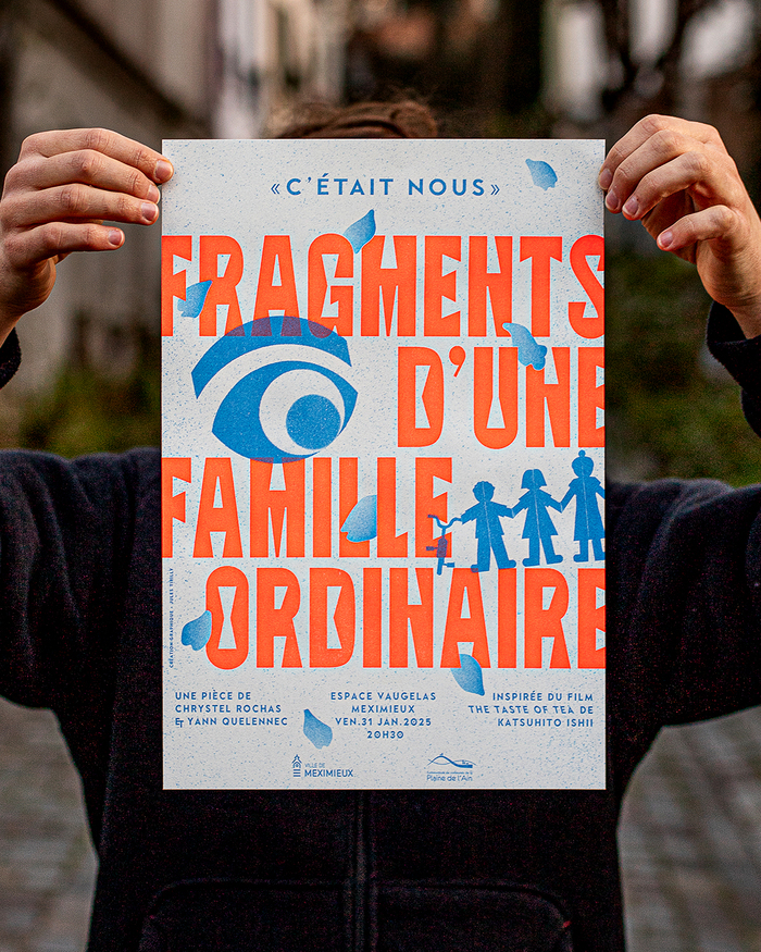 Riso-printed A3 poster, fluorescent orange + cornflower ink on Munken Print Cream