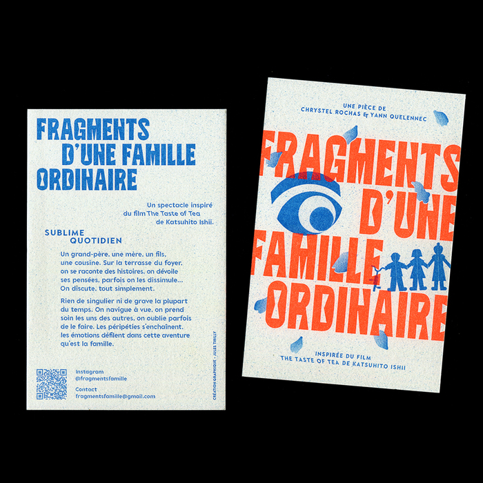 Riso-printed flyer, fluorescent orange + cornflower ink on Munken Print Cream