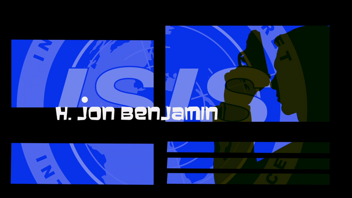 The opening credit for lead voice actor H. Jon Benjamin. A dot has been added over the J, which is animated to move from one credit to the next.