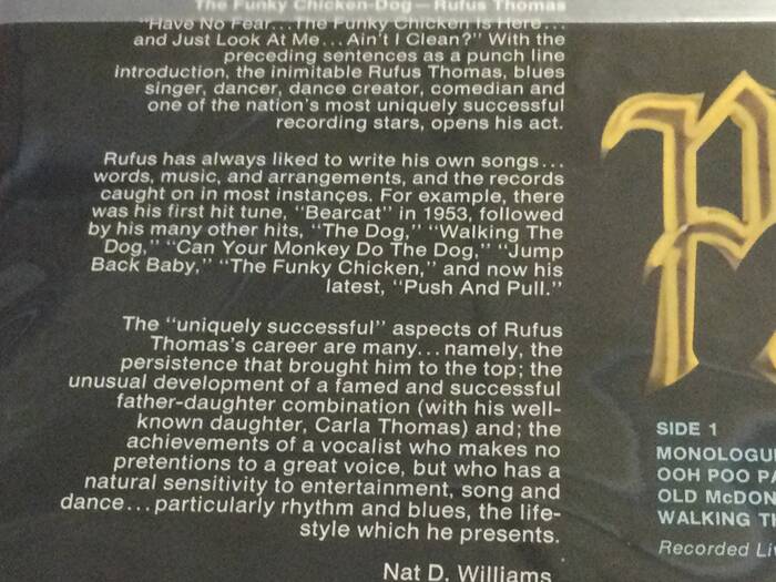 Close-up of liner notes by WDIA DJ and Thomas' high school history teacher Nat D. Williams on back cover.