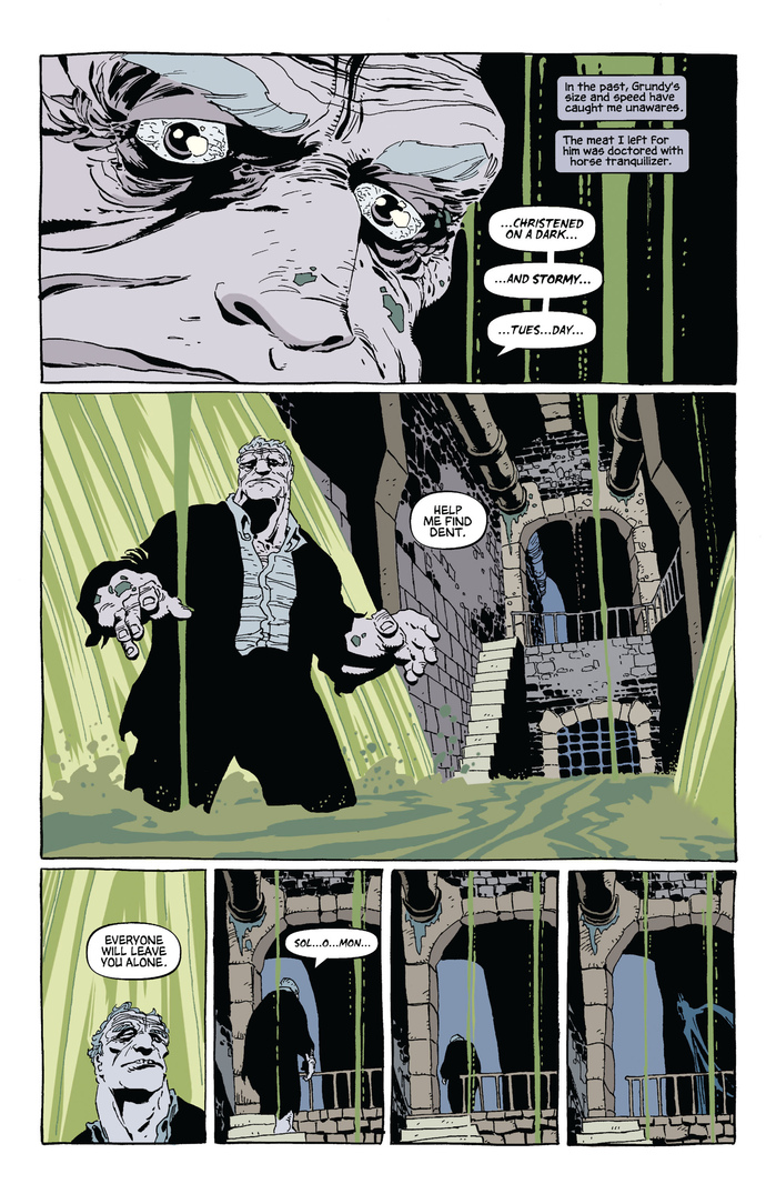 Page 4 of issue #6, showing  in narration boxes,  for Batman's dialogue and  Italic for Solomon Grundy's dialogue.