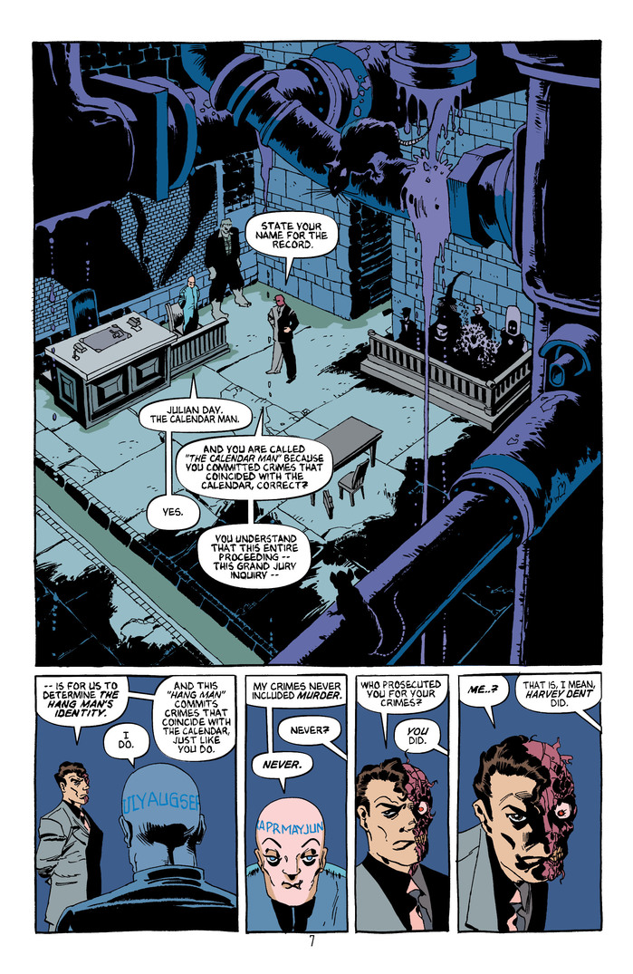 Page 7 of issue #7, showing  for Calendar Man's dialogue and hand-lettering for Two-Face's dialogue.