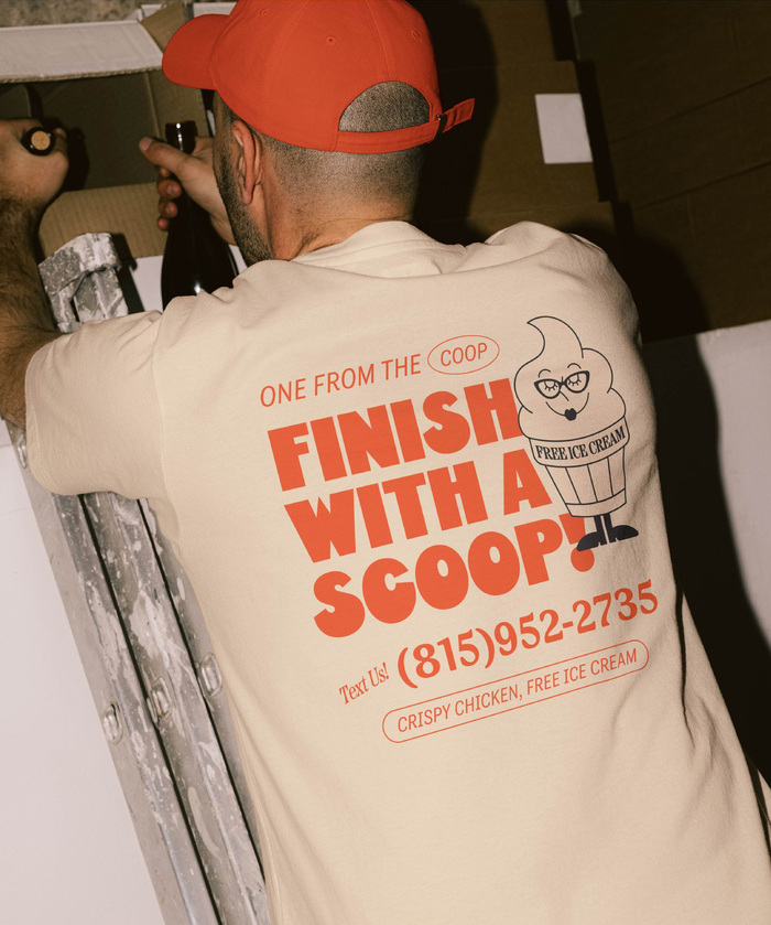 “FINISH WITH A SCOOP” is Dug. Lines at the top and bottom are in italic caps from Tenso. “FREE ICE CREAM” and “Text Us!” are Etna. The phone number is set in P22 Mackinac.