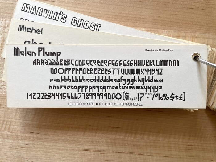 The boldest weight, Melen Plump, with its many alternates, shown in Lettergraphics’ “Do a Comp” specimen issued sometime between 1968 and 1975