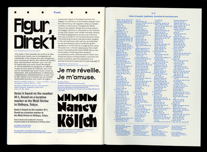 Footnotes issue D: Proofs. On the left a real offset printing testing space to the authors and previously unseen designs to the readers. On the right, the index to navigate the dense content.