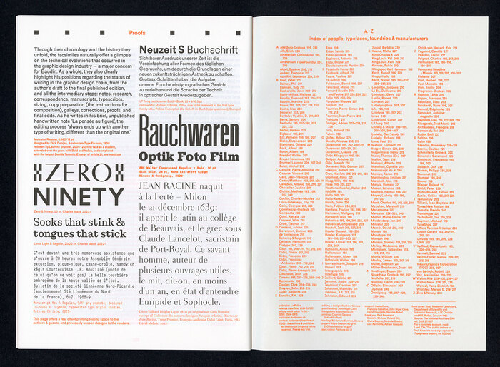 Footnotes issue E: Proofs: On the left a real offset printing testing space to the authors and previously unseen designs to the readers. On the right, the index to navigate the dense content.