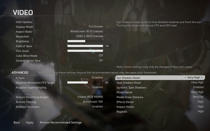 Options screen