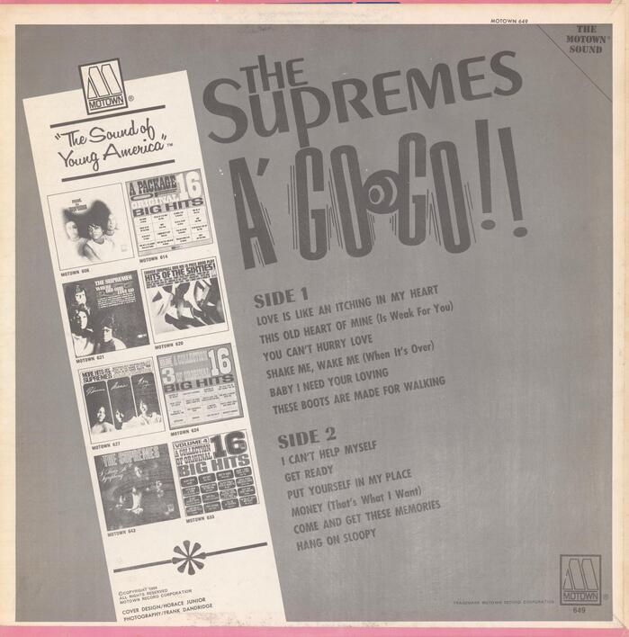 On the back cover, the band name is shown in  with a non-standard u, set on an angle. The title is arranged on a bouncing baseline, with two exclamation marks and added motion lines. The extracondensed contrasted sans is yet unidentified. Track list headings feature . The upright brush script with the wide caps for “The Sound of Young America” is . “The Motown Sound” at the top right is in  while credits at the bottom left use regular-wide  and .
