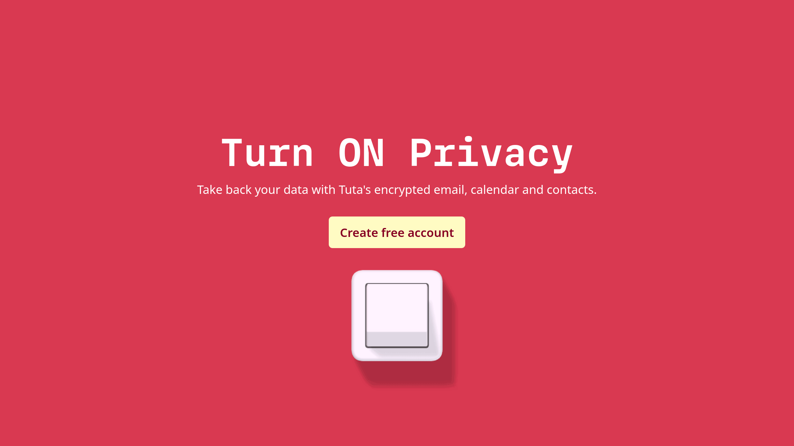 A scrolling animation plays with the encryption of the title and the rotation of Tuta’s signet, the switch