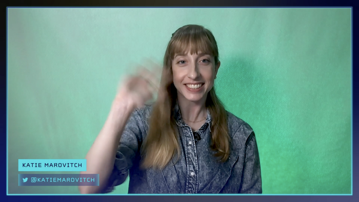 Screenshot from Season 9 Episode 1. Katie Marovitch is waving towards the camera. Text is set in Cholla Unicase.