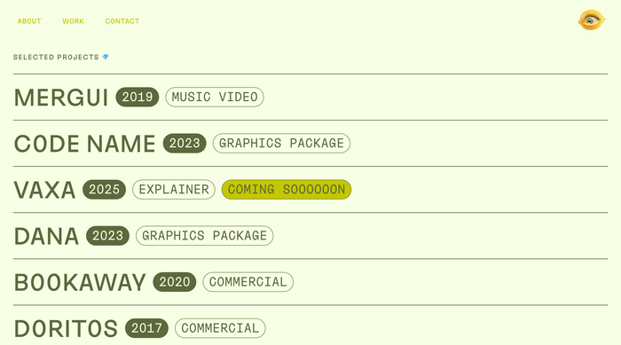 Menu with selected projects on the website
