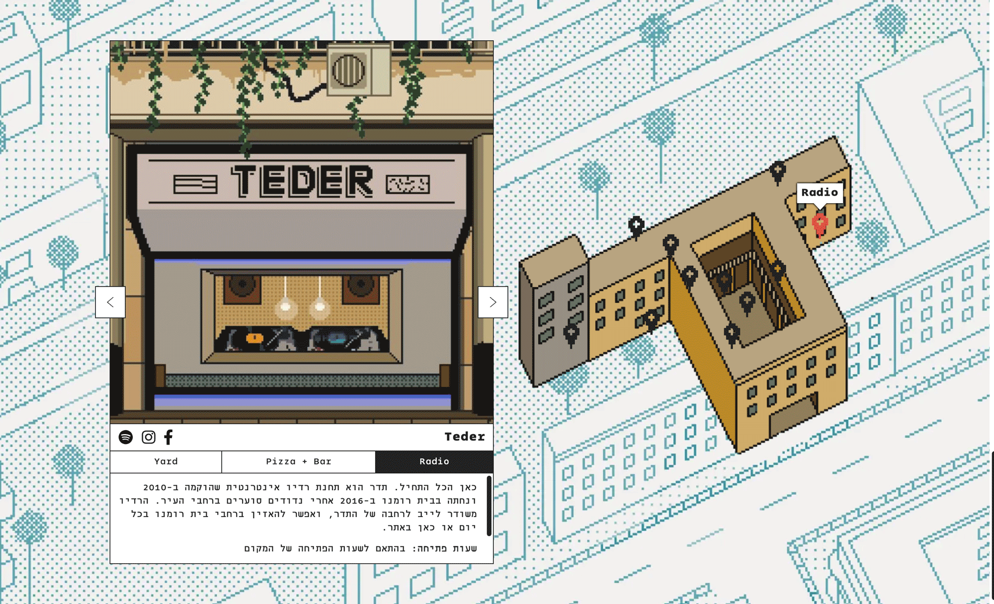 “Beit Romano” map: the site features a captivating interactive map of the area, designed by Drawing Tel Aviv (Paul) in charming pixel art. This map highlights the various businesses within the space, offering a visual guide with short descriptions and details about their opening hours.