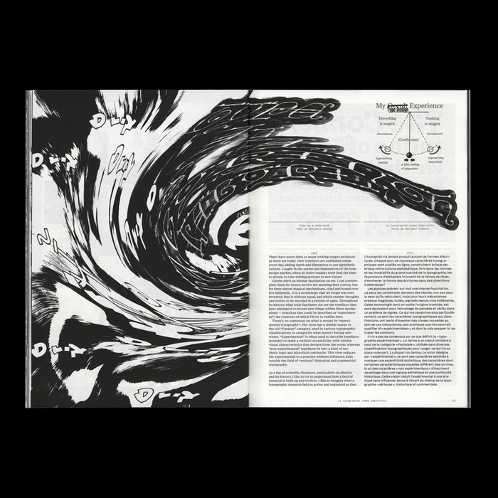 Title set in warped Ready Bygone Light, with a few floating outlined glyphs from Michaux Bold