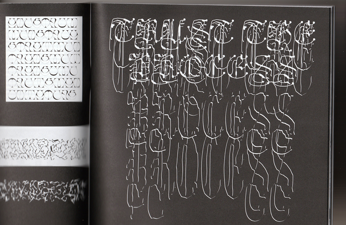 Title set in several layers of Ready Clouded Light. The article showcases the work of  a.k.a. Daytona Mess, including her typefaces  and , visible on the left page.