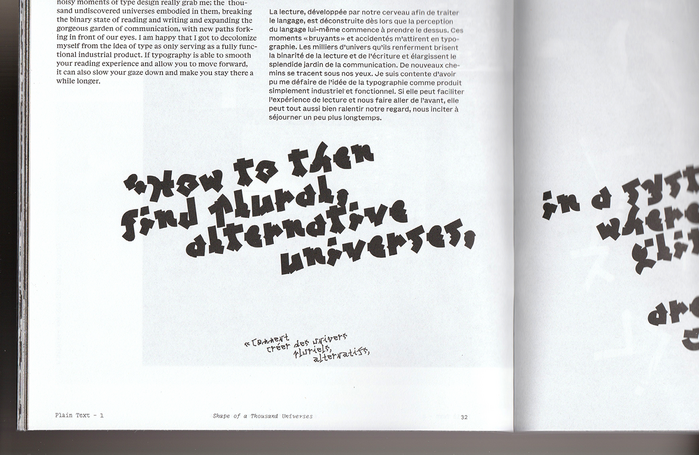 Quote from Eager Zhang’s essay set in Michaux Bold for the English and Michaux Light for the French.