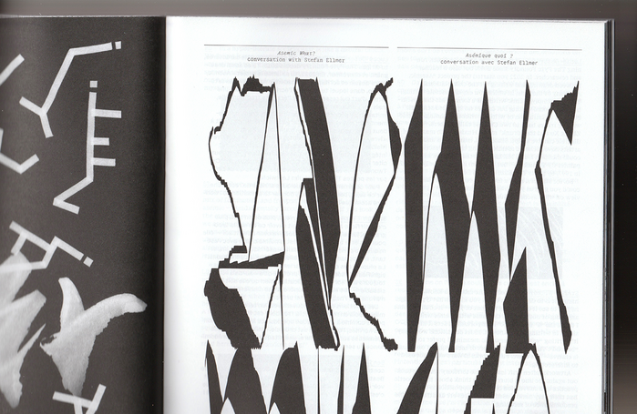 Title set in a generously squeezed Jester World. On the left we can spot bits of ’s asemic writing research.