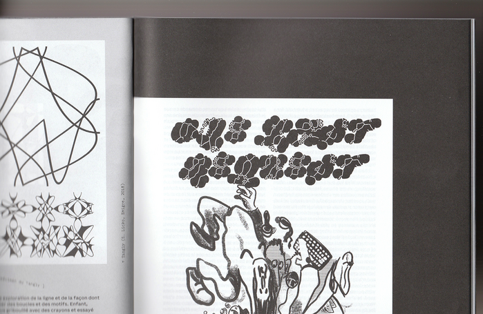 Title set in Ready Active Bold, with illustration by Arman Mohtadji. Left page shows bits of  by   / .
