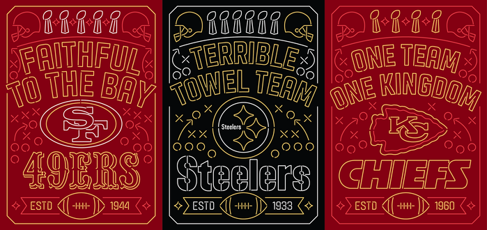 The featured teams are the San Francisco 49ers, the Pittsburgh Steelers, and the Kansas City Chiefs.