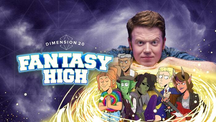 Banner for Dimension 20: Fantasy High featuring GM Brennan Lee Mulligan (top center), and art of player characters (from left to right, top to bottom) Kristen Applebees, Fabian Aramais Seacaster, Riz Gukgak, Gorgug Thistlespring, Adaine Abernant, and Figueroth “Fig” Faeth; played by Ally Beardsley, Lou Wilson, Brian Murphy, Zac Oyama, Siobhan Thompson, and Emily Axford respectively.