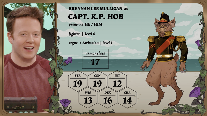 Screenshot from episode 1. Pictured: Brennan Lee Mulligan (left) introducing his character, Captain K.P. Hob (right), with character stats, name, and pronouns displayed center, all set in Vatican.