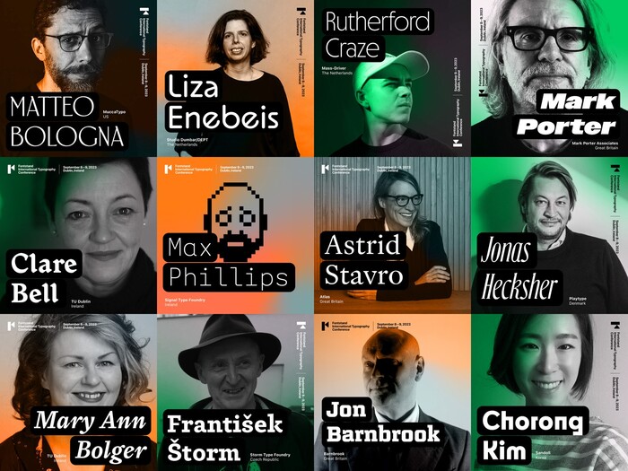 Speaker names are shown in additional typefaces that were either designed by the person in question or were otherwise found to be a good match.