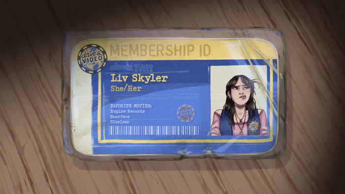 Screenshot of episode 1.

Pictured: Liv Skyler’s character information in the form of a Dave’s Video World membership ID card, set in Click Clack. “Membership ID” is in an unidentified font (if it’s a font). Character art by Cait May.