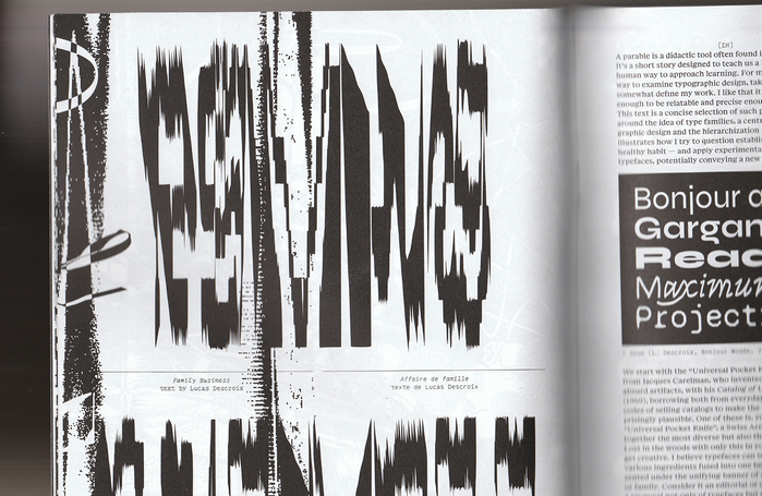 Title set in largely squeezed Jester Hermit. The illustration on the right page shows Bonjour Monde’s .