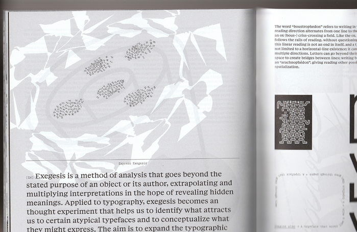“Express Exegesis”, set on a circle in Jester Sun with a whole lot of negative tracking. The right page features the work of , a.k.a. Boogy Paper, with the unreleased Montreuil, his diploma project from Estienne ESAIG back in 2011.