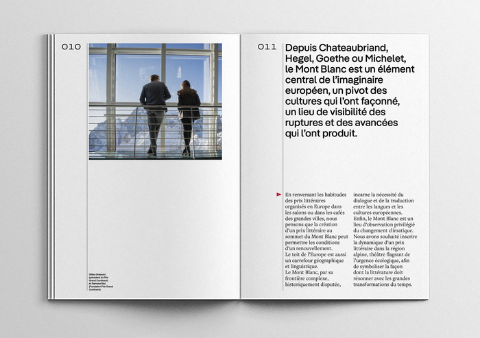 Double page spreads from the annual report of the Literary Prize 3466, set in Pangea Light and Medium by Christoph Koeberlin and the serif typeface Freight Text by Joshua Darden.