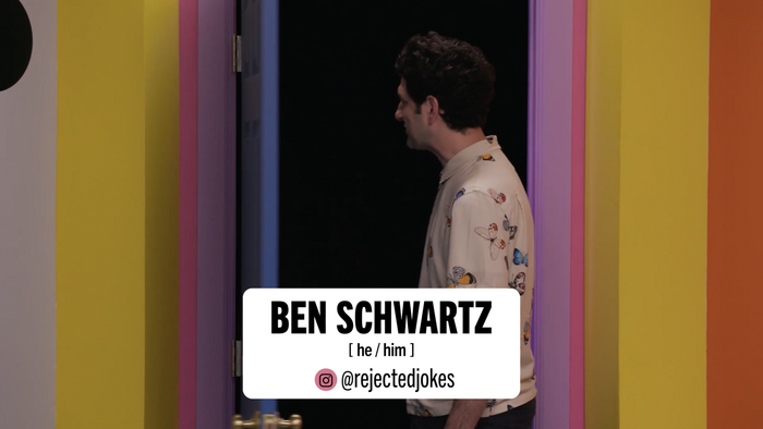 Screenshot of Season 3, Episode 12, “A Basketball Player’s Far Too Elaborate Free Throw Routine”.

Pictured: Ben Schwartz talking to someone off-screen in a doorway, with his name, pronouns, and Instagram handle displayed in various styles of Trade Gothic Next.