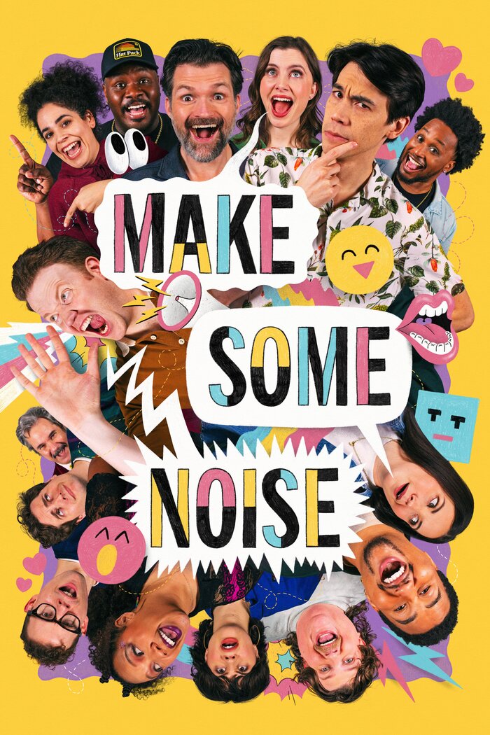 Make Some Noise Season 3 poster, with the title set in Trade Gothic Next. Pictured are guests (starting from top left corner, in clockwise order) Kimia Behpoornia, Carl Tart, Josh Ruben, Vic Michaelis, Zac Oyama, Jacquis Neal, Jess McKenna, Lou Wilson, Jacob Wysocki, Anna Garcia, Jiavani, Ross Bryant, Jeremy Culhane, Paul F. Tompkins, and Brennan Lee Mulligan.