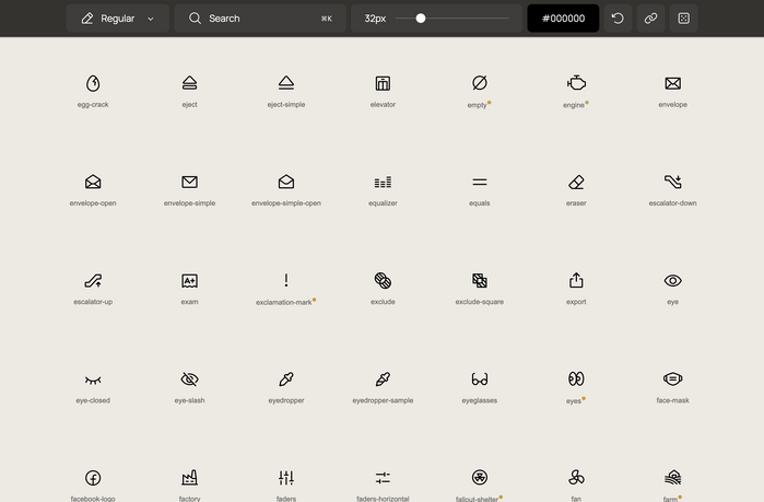 The main section of the icons, with the labels and the toolbar set to Manrope
